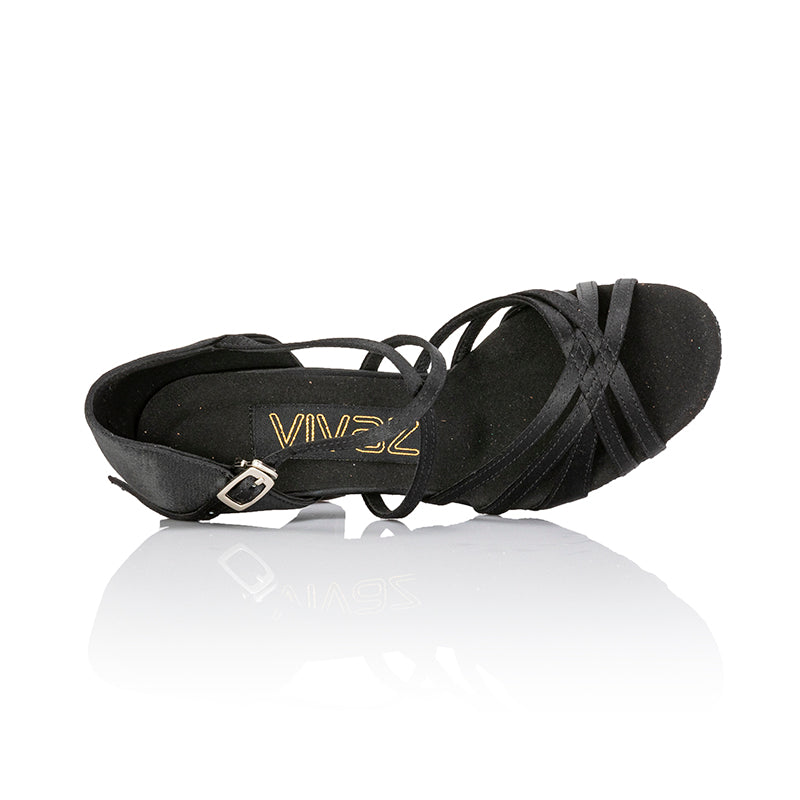 "Ayla" Ladies latin sandals | Black satin | 3.5" Slim flare heel - Vivaz Dance