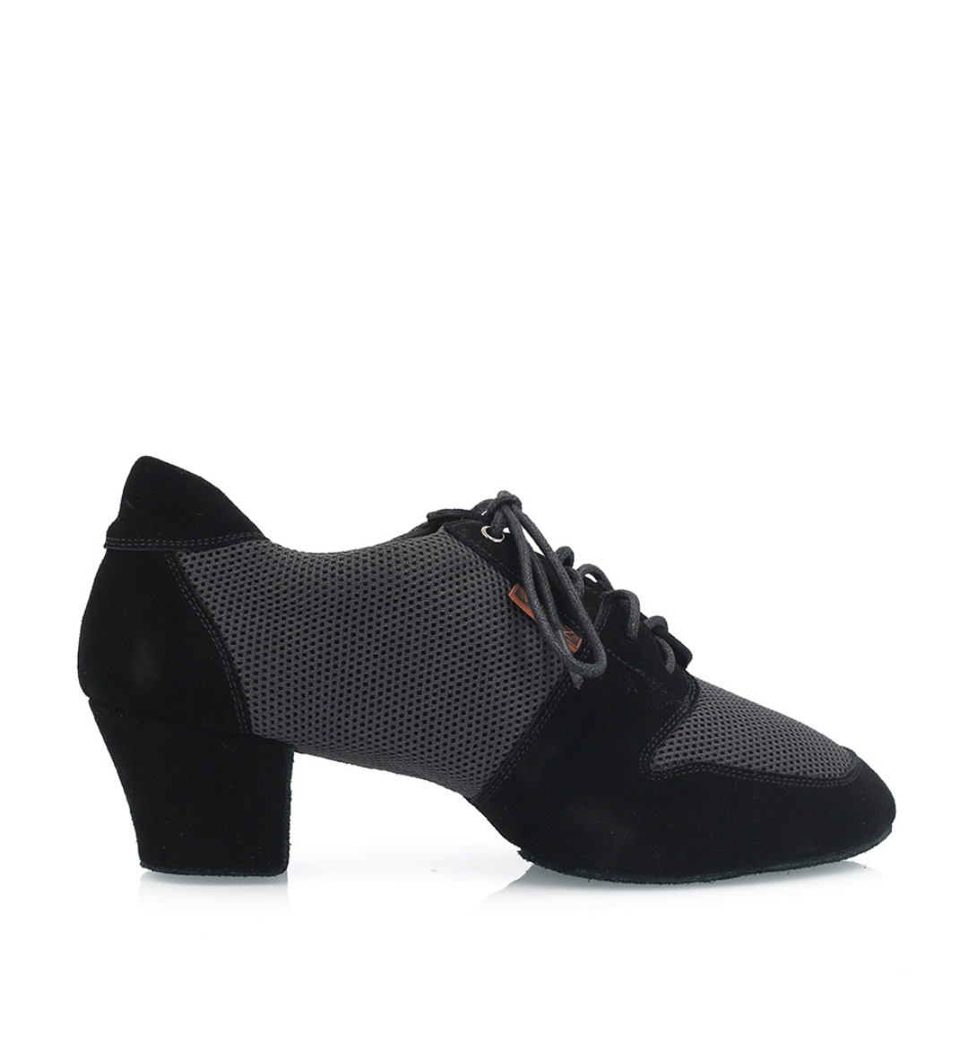 Vivaz Gala black latin and ballroom dance shoe with 2 inch suede Cuban heel and breathable mesh upper, side view